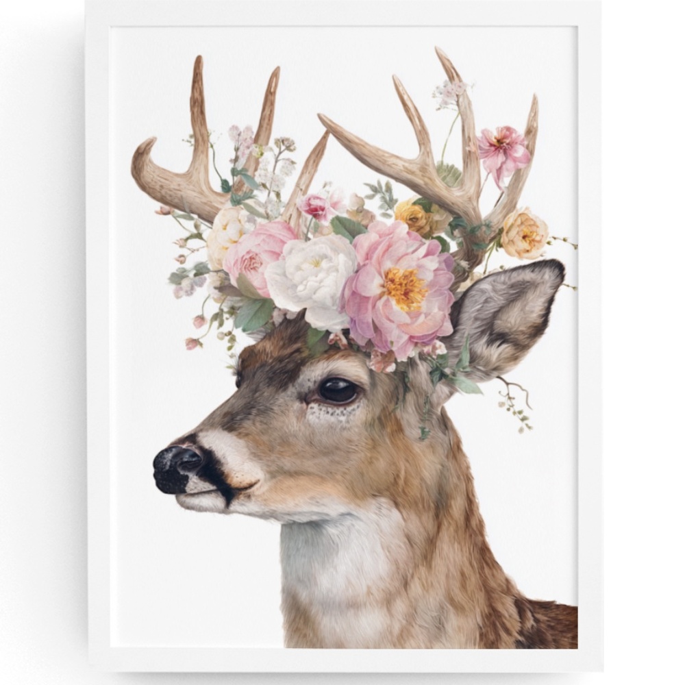 Watercolor Deer with Flower Wreath Illustration Wall Art Print Poster, Unframed